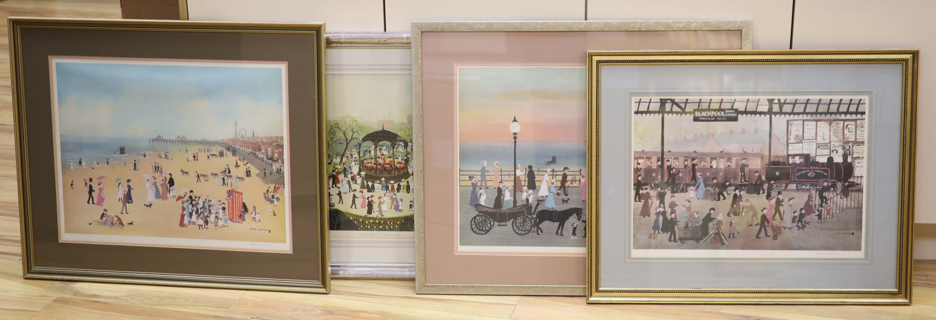 Helen Bradley, four signed prints, Blackpool Station and Blackpool Sands, both signed in pencil, overall 40 x 57cm and 48 x 62cm and Sunday Afternoon in Alexandra Park & Eveing on the Promenade.